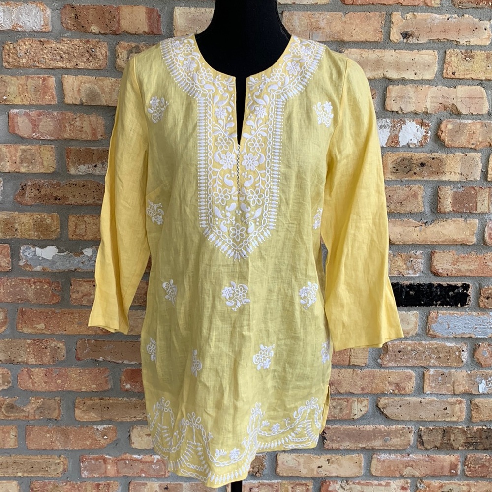 NWT Charter Club Linen Tunic 3/4 sleeves Nantucket Small Yellow Embroidered